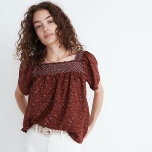 Madewell Square-Neck Smocked Peasant Top in Rusted Burgundy Dotted Vines, 2X
